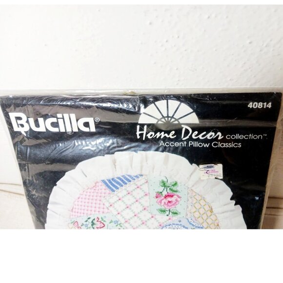 NWOT, BUCILLA  14" Home Decor accent pillow, counted cross stitch with ruffle - Picture 5 of 5